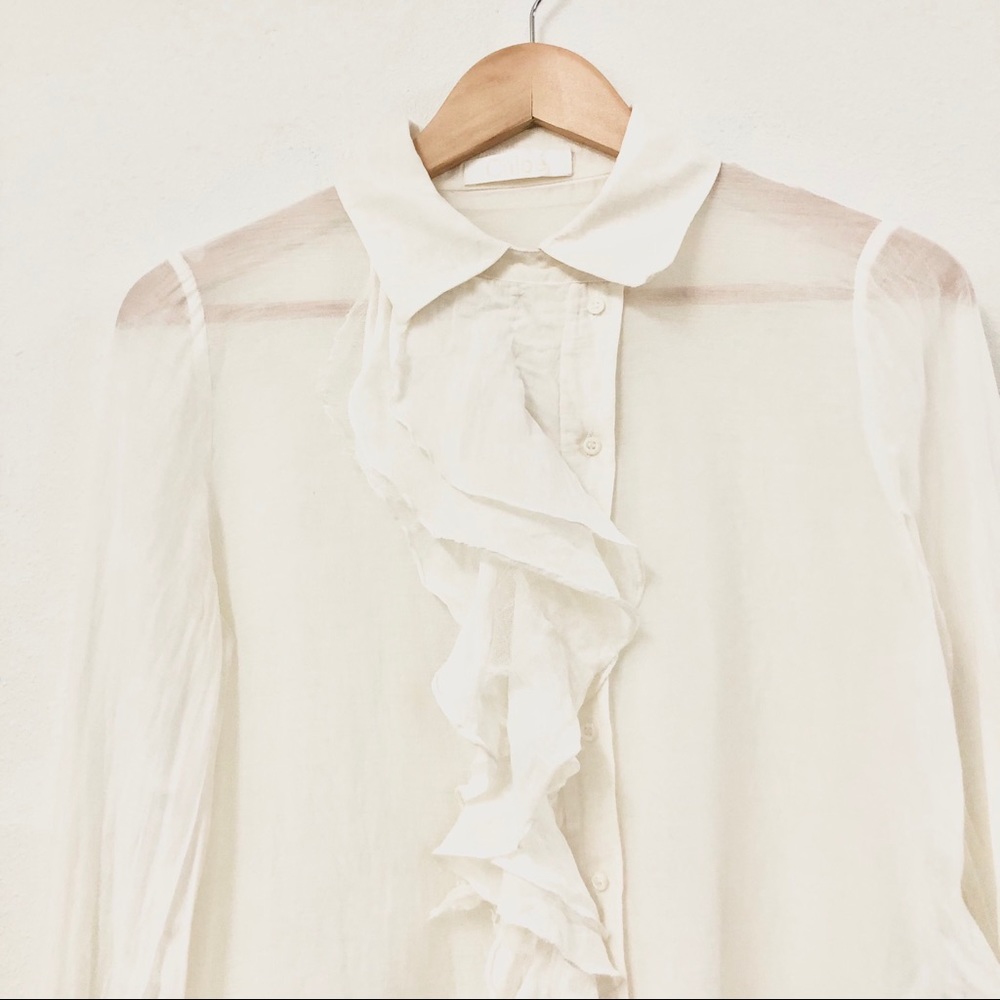 CHLOÉ Silk & Cotton Sheer Ruffle Button Up Blouse - Picture 3 of 11